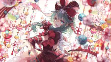HD PC desktop wallpaper of Hina Kagiyama (Touhou) — anime portrait with teal hair, red ribbons and dangling colorful charms on a soft floral background.