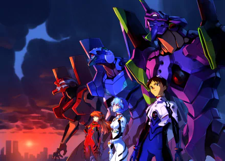 4K Ultra HD Neon Genesis Evangelion desktop wallpaper featuring Shinji Ikari, Rei Ayanami, Asuka Langley Soryu, and their iconic Evangelion units against a dramatic sky backdrop.