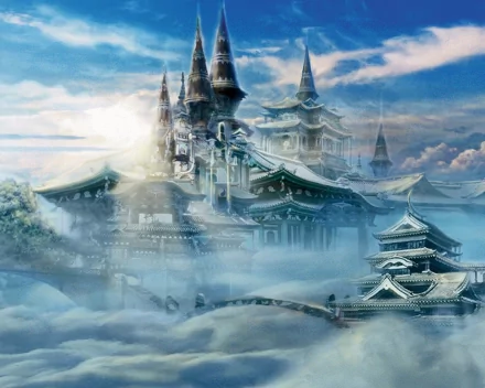 A mystical castle rises through swirling clouds, featuring intricate architectural details and towering spires, creating a serene fantasy landscape for an HD desktop wallpaper.
