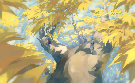 HD desktop wallpaper featuring Chongyun and Xingqiu from Genshin Impact, set amidst a tree with golden autumn leaves. Vibrant, serene video game art.
