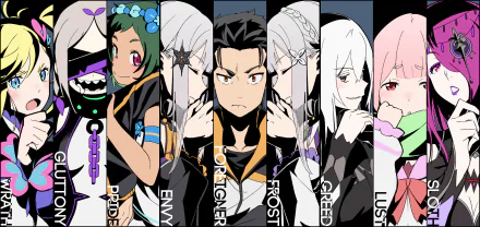 A dynamic 4K Ultra HD wallpaper features characters from Re:Zero - Starting Life in Another World, showcasing themes of sin and fantasy with vibrant colors and intricate designs.