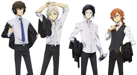 HD anime desktop wallpaper featuring Atsushi Nakajima, Chuuya Nakahara, Osamu Dazai, and Ryūnosuke Akutagawa from Bungou Stray Dogs.