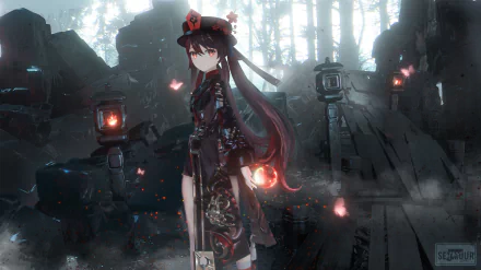 HD desktop wallpaper featuring Hu Tao from the video game Genshin Impact. She stands in a mystical, dimly lit forest with lanterns glowing faintly in the background.