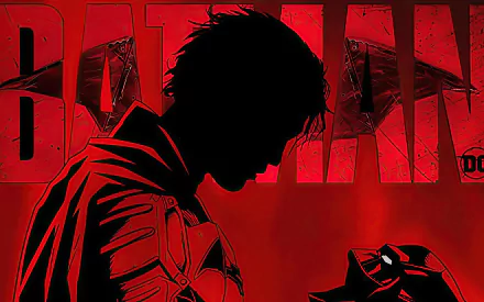 HD PC desktop wallpaper/background from The Batman movie: red-black artwork of a silhouetted Batman holding his cowl with a bold BATMAN title behind him.