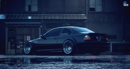 5K Ultra HD PC desktop wallpaper: black BMW M3 E46 parked on wet pavement at night — stylized scene from Need For Speed (2015) video game.