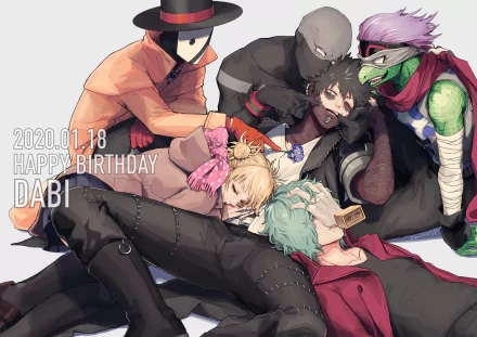 A vibrant HD wallpaper featuring characters from My Hero Academia celebrating Dabi's birthday, with a cozy scene of friends gathered together in a playful pose.