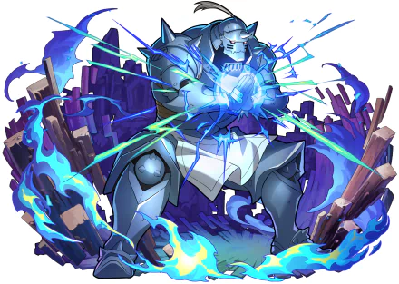 HD anime desktop wallpaper featuring Alphonse Elric from Fullmetal Alchemist, depicted in his armored form surrounded by vivid blue energy and lightning effects.