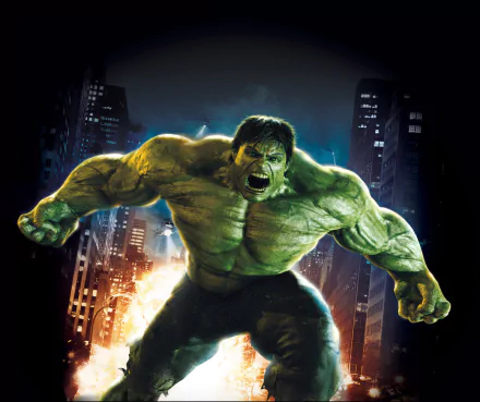 HD desktop wallpaper featuring The Incredible Hulk from the movie Hulk, standing fiercely in front of a cityscape with glowing lights in the background.