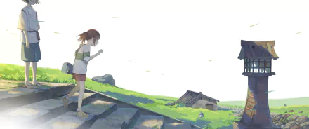 Chihiro from Spirited Away, anime 2K Quad HD PC wallpaper: she walks down stone steps toward sunlit grassy rooftops and a distant wooden house beneath a bright sky.