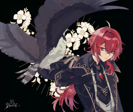 Diluc (Genshin Impact), video game art — crimson‑haired noble in an ornate dark coat with a raven and white blossoms; 2K Quad HD PC desktop wallpaper/background.