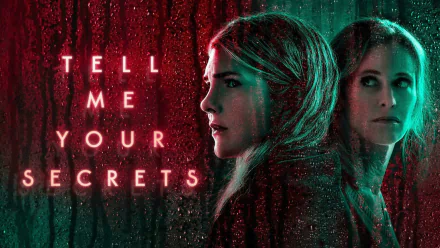 HD desktop wallpaper featuring the Tell Me Your Secrets title with intense portraits of two women against a red backdrop.