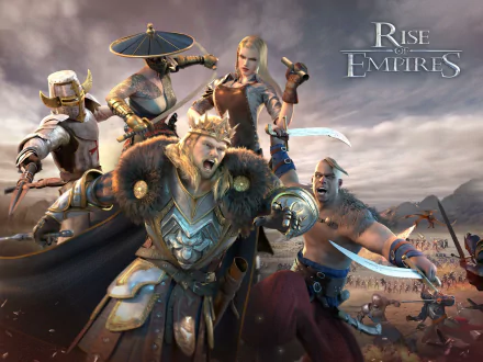 HD desktop wallpaper for Rise of Empires: Ice and Fire featuring fierce warriors poised for battle against a stormy backdrop.