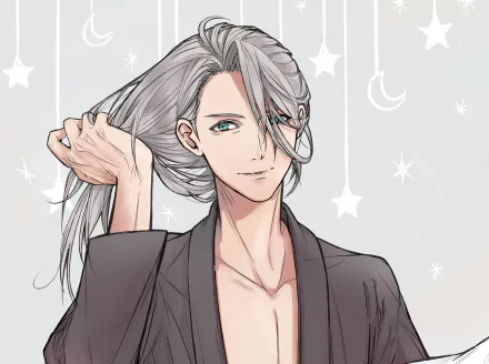HD PC wallpaper of Victor Nikiforov from Yuri!!! on ICE — silver-haired anime skater smiling while brushing back his hair against a pale background dotted with stars and moons.