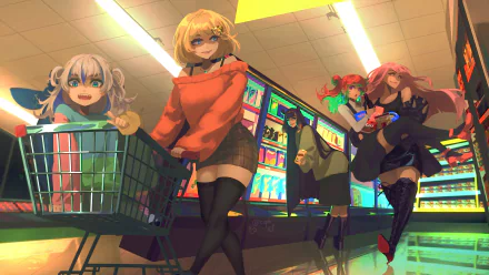 4K Ultra HD anime wallpaper featuring Virtual YouTubers Takanashi Kiara, Ninomae Ina’nis, Watson Amelia, Gawr Gura, and Mori Calliope in a vibrant supermarket scene.