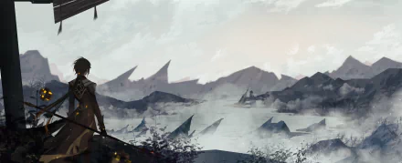 Zhongli from Genshin Impact stands overlooking a misty, mountainous landscape in this HD PC desktop wallpaper and background.