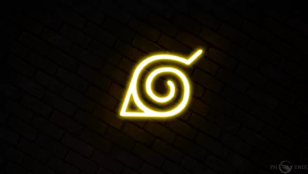 Glowing neon yellow Konohagakure leaf logo (Naruto) on a dark brick wall — HD anime PC desktop wallpaper/background.