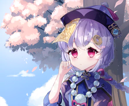 HD PC desktop wallpaper of Qiqi from the video game Genshin Impact: purple-haired, pink-eyed character with a talisman on her hat and prayer beads beneath cherry blossoms and a blue sky.