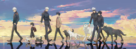 HD desktop wallpaper of Satoru Gojo and Megumi Fushiguro from Jujutsu Kaisen, walking with dogs against a vibrant sunset sky.
