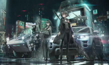 HD anime desktop wallpaper featuring two anime girls in police uniforms standing confidently in a rainy, neon-lit urban setting with armored vehicles and sleek cars.