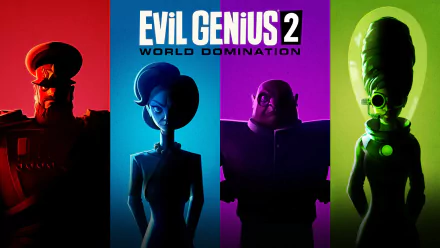 HD desktop wallpaper for Evil Genius 2: World Domination featuring four stylized villainous characters against vibrant colored backgrounds.