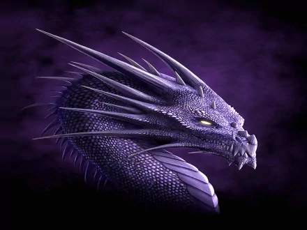 HD desktop wallpaper featuring a detailed, purple fantasy dragon with glowing yellow eyes and sharp spikes on its head and neck, set against a dark, mystical background.