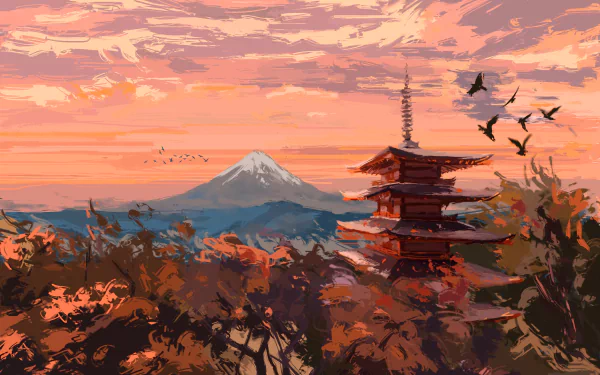 Anime-style HD desktop wallpaper depicting a vibrant sunset landscape of Japan with Mount Fuji, a traditional shrine, and birds flying in the colorful sky.