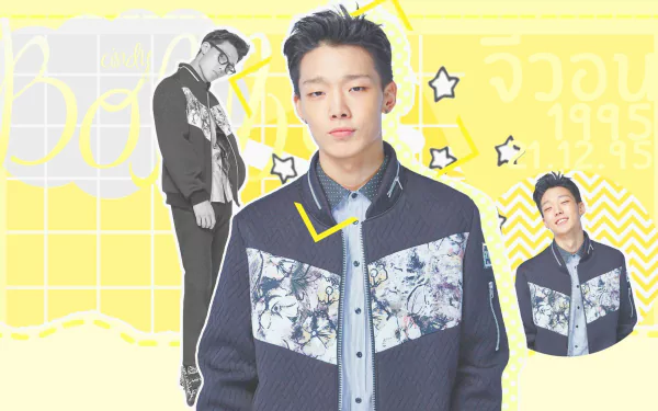 HD desktop wallpaper featuring a stylish member of iKON against a vibrant yellow background. The design includes playful elements and dynamic poses, capturing the essence of music and artistry.