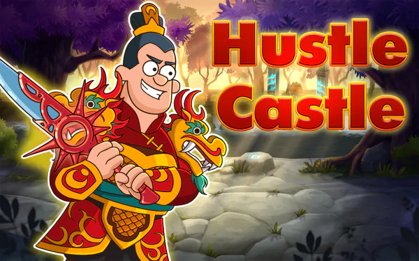 HD desktop wallpaper featuring a cartoon character from Hustle Castle with the game's logo on a mystical forest background.