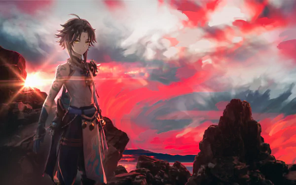 Xiao from Genshin Impact stands against a dramatic sunset sky with red and pink clouds in this 4K Ultra HD PC desktop wallpaper.