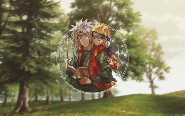 HD desktop wallpaper featuring Naruto Uzumaki and Jiraiya from the anime Naruto in a forest setting, framed within a picture-in-picture effect.