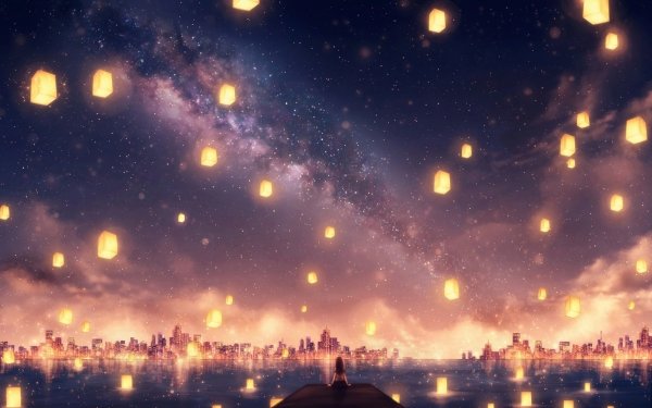 Anime Sky Lantern City Stars HD Wallpaper | Background Image