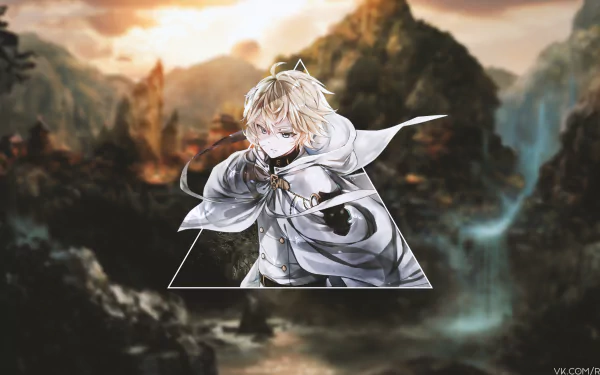 4K Ultra HD anime desktop wallpaper featuring Mikaela Hyakuya from Seraph of the End in a picture-in-picture style against a scenic mountainous background.