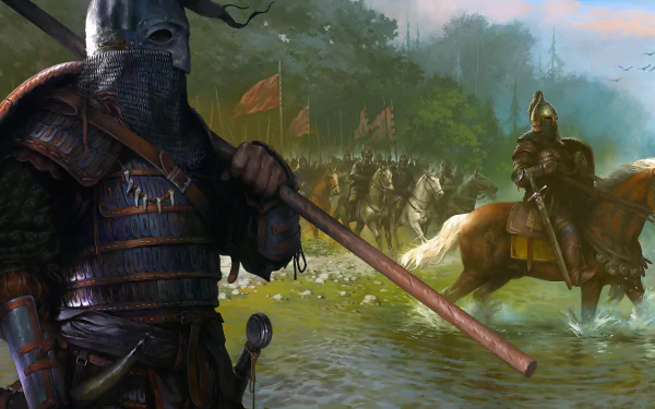 HD PC desktop wallpaper from the video game Kingdom Come: Deliverance, depicting armored knights readying for battle in a misty forest setting.