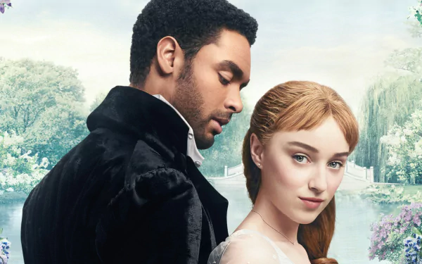 HD wallpaper of two Bridgerton characters in period attire, poised elegantly against a floral backdrop.