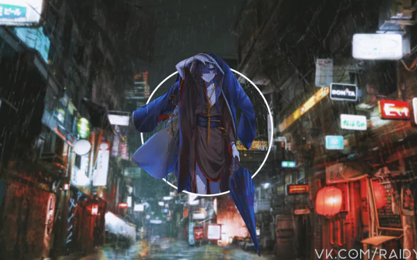 HD PC desktop wallpaper: Ciel Phantomhive from Black Butler in anime style, centered in a glowing ring above a rain-soaked neon city street at night.