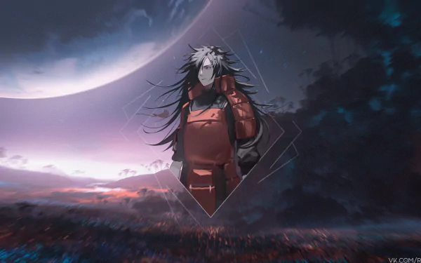 Ultra HD 4K desktop wallpaper featuring Madara Uchiha from the Naruto anime, with a dramatic night sky and moon backdrop in a picture-in-picture style.