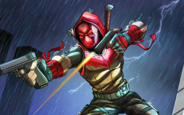 Jason Todd as Red Hood from DC Comics, depicted in a dynamic, rain-soaked 4K Ultra HD comic-style wallpaper for PC desktop background.