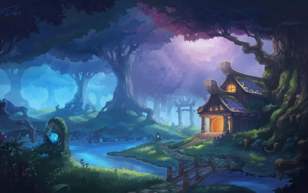 HD desktop wallpaper depicting a fantasy scene of a quaint house amidst a magical, glowing forest with a serene river and bridge. Vibrant colors and mystical ambiance create an enchanting background.