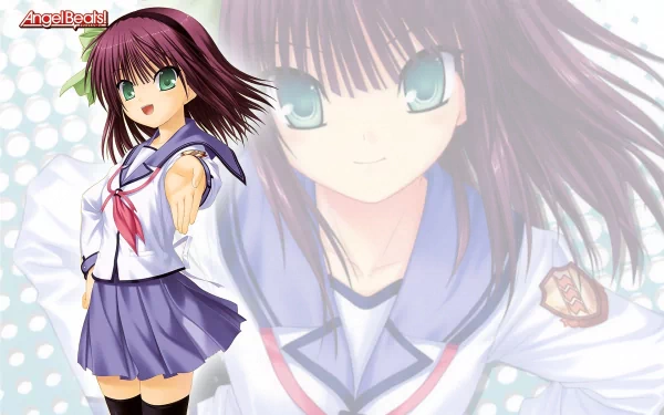 Yuri Nakamura from Angel Beats! in a sailor school uniform, green eyes and purple hair, pointing forward with a faded larger portrait behind her — HD PC desktop wallpaper.