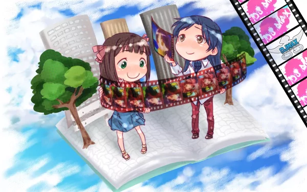 Chibi DJMax video game characters hold a looping filmstrip above an open book amid trees and city buildings under a blue sky — HD PC desktop wallpaper.