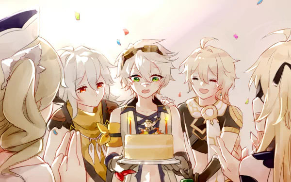 HD PC desktop wallpaper featuring Genshin Impact characters Razor, Fischl, Bennett, Barbara, and Aether celebrating with a cake in a joyful scene.