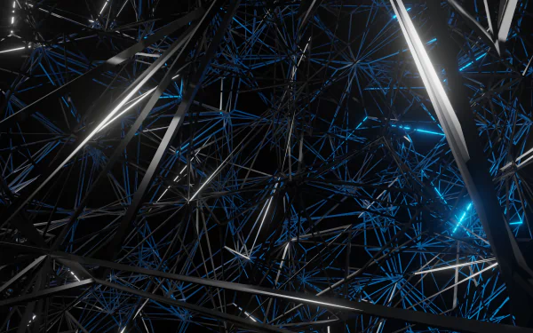 Abstract 3D 4K Ultra HD PC desktop wallpaper: dark metallic lattice of intersecting rods with glowing blue, neural-like filaments weaving through the structure.
