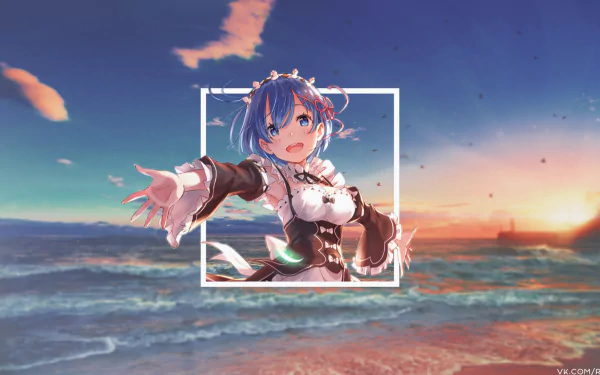 HD PC desktop wallpaper featuring Rem from Re:Zero - Starting Life in Another World in an anime-style picture-in-picture design against a vibrant ocean sunset background.