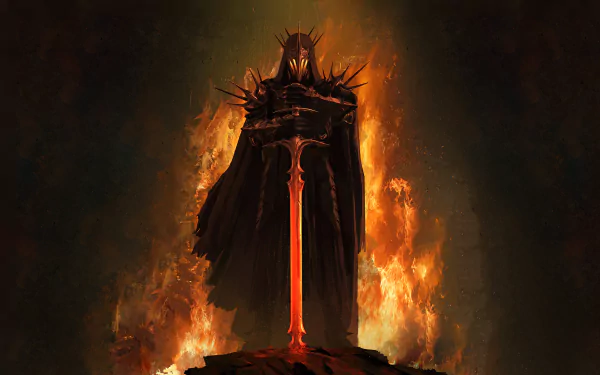 HD PC desktop wallpaper featuring the Witch-king of Angmar, a Nazgûl from The Lord of the Rings movie, standing amid flames with a glowing sword.