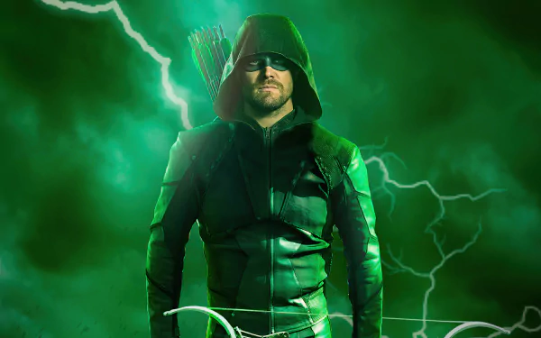 Stephen Amell as Oliver Queen from Arrow (DC Comics TV Show) stands in a hooded green suit with a bow, set against a stormy green 4K Ultra HD desktop background.