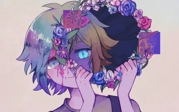 HD desktop wallpaper featuring Basil from the video game OMORI, with blonde and green hair, blue eyes, holding a flower wreath adorned with purple and pink blooms.