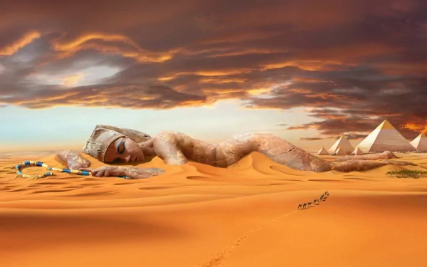Artistic HD PC desktop wallpaper featuring a reclining statue partially buried in desert sands, with pyramids and a dramatic sunset sky in the background.
