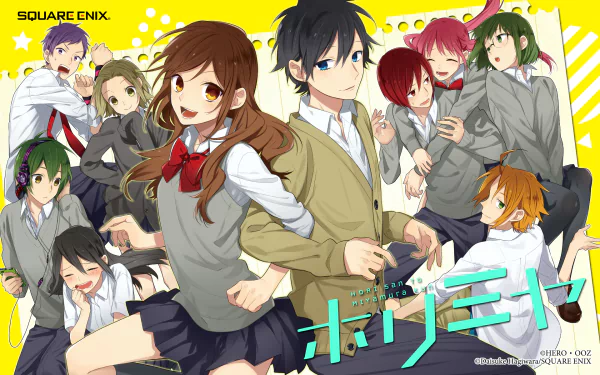 Anime HD PC desktop wallpaper of Hori-san To Miyamura-kun featuring Hori Kyouko and Izumi Miyamura with classmates in school uniforms on a bright yellow background.