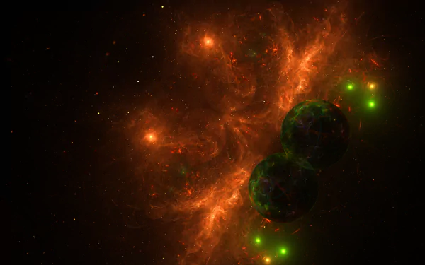 HD Sci-Fi desktop wallpaper featuring a stunning space scene with glowing nebulae and two green planets. Vibrant red and orange hues dominate the cosmic background.