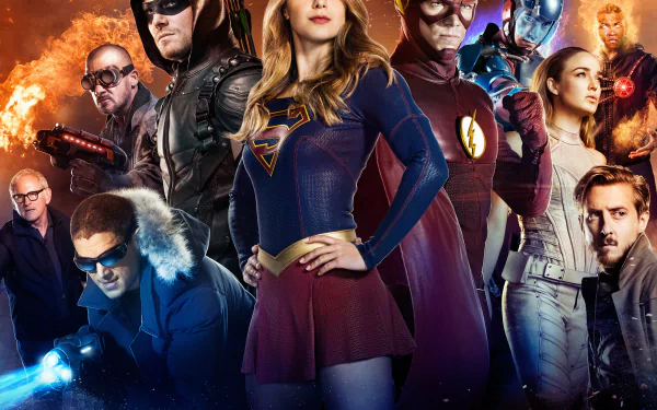 4K Ultra HD PC desktop wallpaper of a TV show crossover: an ensemble of costumed superheroes and allies posing dramatically against a fiery, cosmic backdrop.